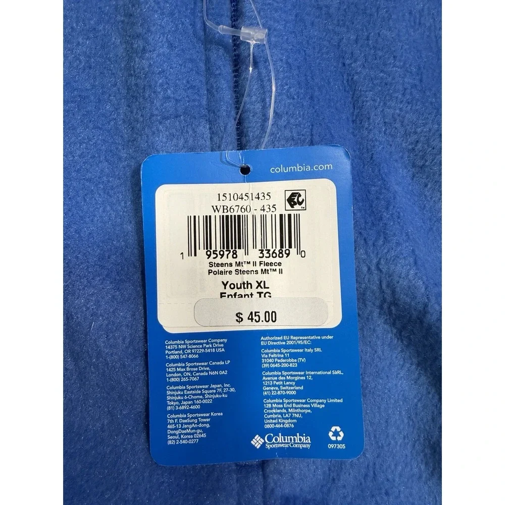 NWT Columbia‎ Steens Mountain Blue Fleece Full Zip Jacket Size Youth XL